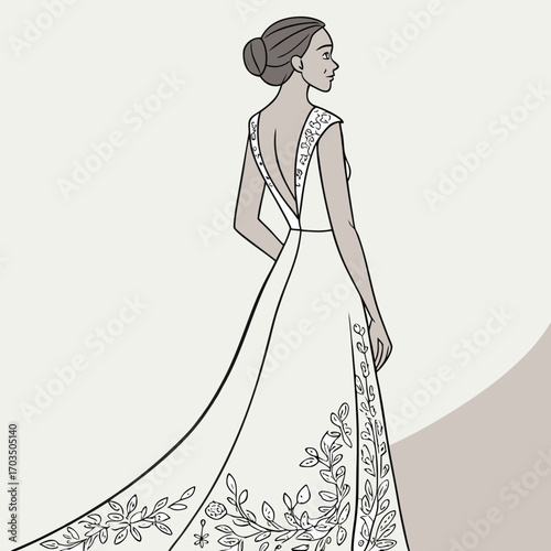 Elegant wedding dress illustration with intricate lace details and flowing silhouette