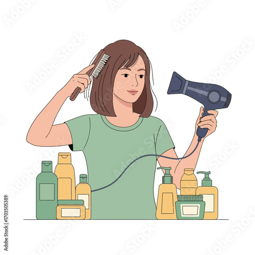 Woman Drying and Brushing Her Hair