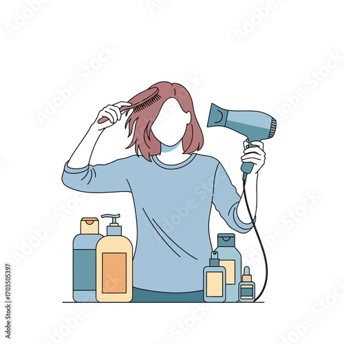 Woman blow drying her hair with cosmetics bottles