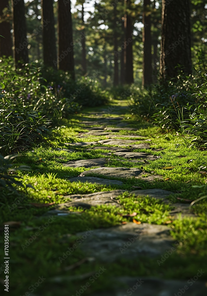 Fototapeta premium Sun-Dappled Stone Path: Forest's Embrace