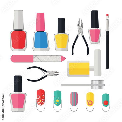Vector collection of manicure and pedicure tools with colorful nail polishes and art samples
