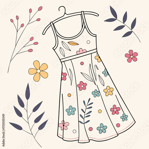 Flat design illustration of a casual summer dress with floral pattern perfect for fashion and lifestyle graphics