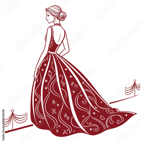 Glamorous young woman in a flowing red gown on a luxurious red carpet event elegant celebrity premiere illustration