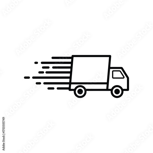 Black outline of a fast moving delivery truck on a white background transport logistics