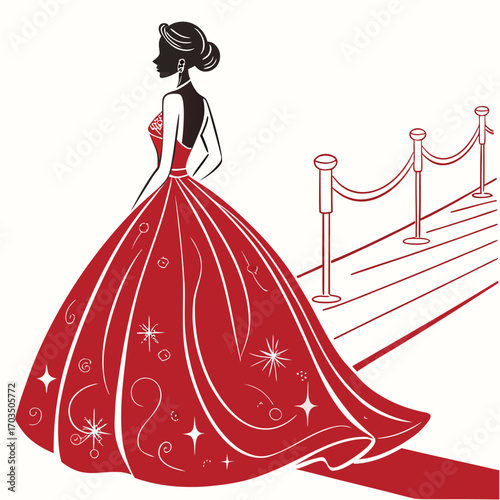 Glamorous young woman walking on a red carpet celebrating an event with a luxurious atmosphere