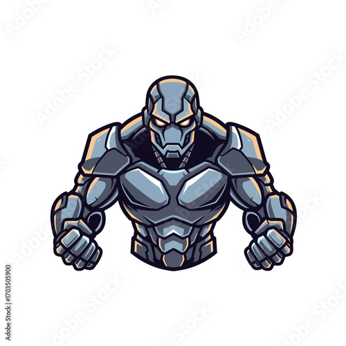 Aggressive armored robot mascot, a powerful cyborg character for a team logo or emblem