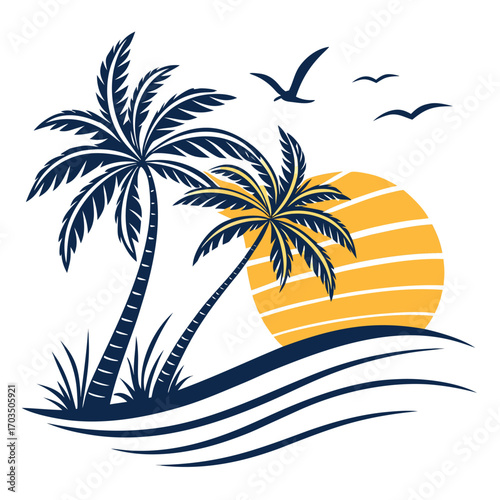 Minimalist tropical beach sunset logo with palm trees and ocean waves