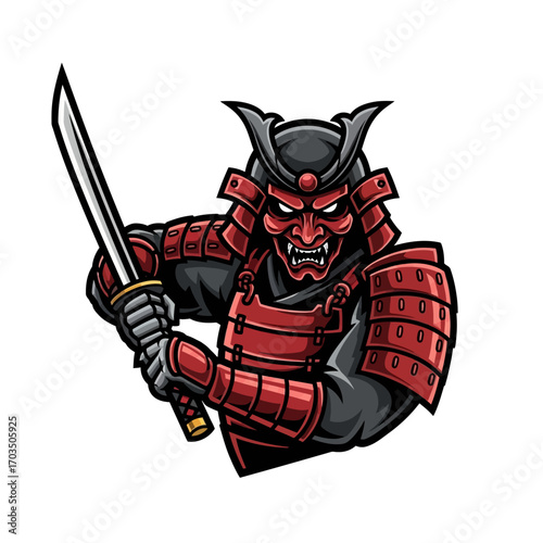 Illustration of a fierce samurai warrior in red armor wielding a katana sword