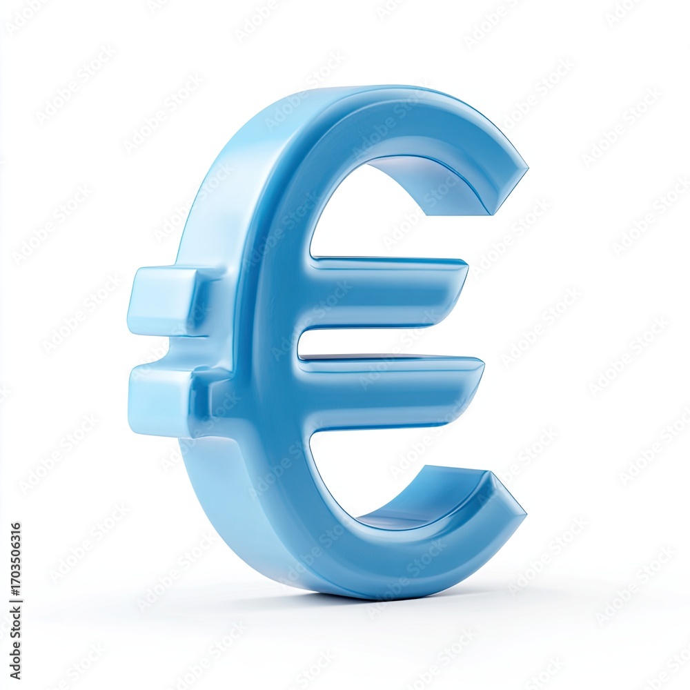 Fototapeta premium A three-dimensional, light-blue euro symbol, rendered with a glossy, smooth surface against a stark white backdrop