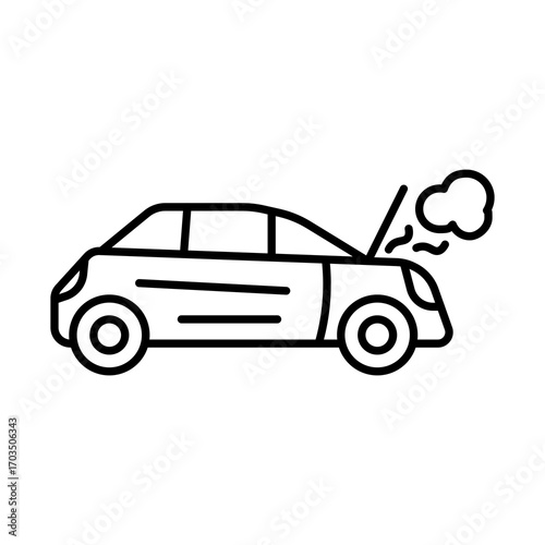 Car with Open Hood and Steam, Isolated on White Background