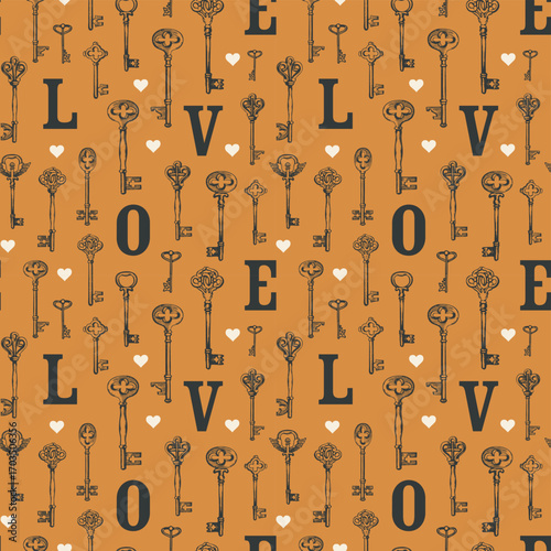 Seamless pattern on the theme of love and valentine's day. With keys, hearts and initial letters. Abstract background. Suitable for wallpaper, wrapping paper, fabric, tile, textile. No ai