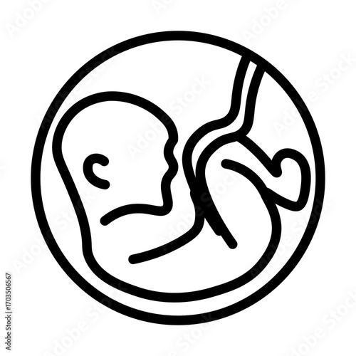Fetus Icon in Utero with Line Art Style, Isolated on White Background