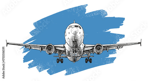 Black and white engraving sketch of flying airplane on bright dynamic blue brush stroke, isolated on white background, vintage etching style illustration, modern vector SVG