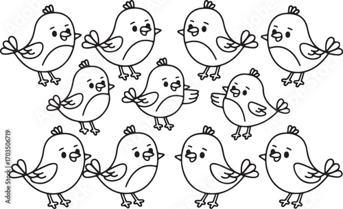 Cute Birds Cartoon Black White Outline Illustration Group Children Book