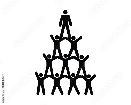 An illustration of a collection of stick figures forming a human pyramid, a conceptual icon for teamwork, support, and organizational success