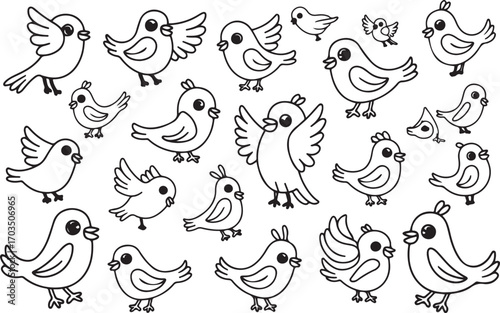 Cute Birds Cartoon Outline Illustration Set Graphic Design
