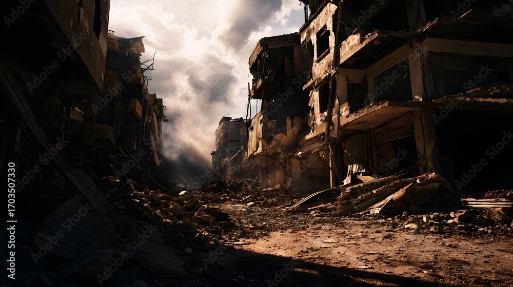 Fototapeta premium War-devastated cityscape aftershocks ruins