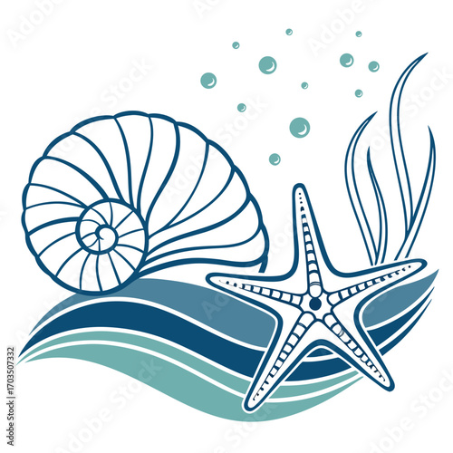 Elegant seashell and starfish logo design for coastal brands and marine themes