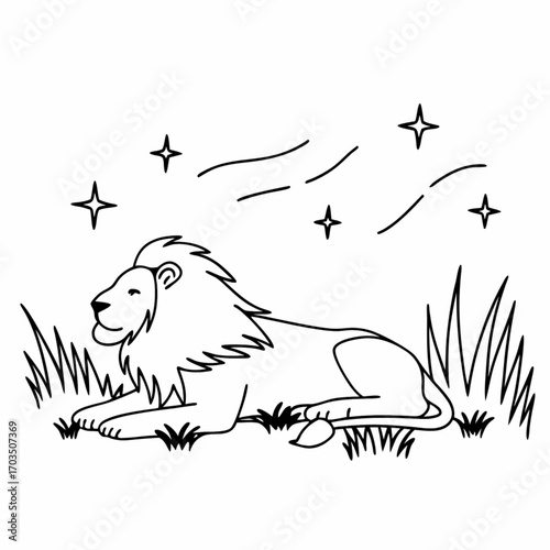 Minimilist a line art drawing of a lion resting in grass under a sky with stars and curved dashed lines above it vector