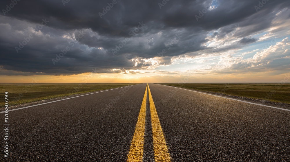 Naklejka premium The road stretches straight to the distant horizon, with the sky in the background providing ample whitespace for text or design elements, showcasing a spacious and expansive roadside scene.