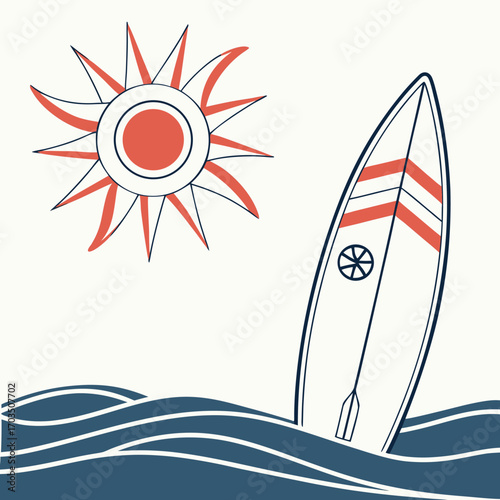 Bright flat illustration of a sun and a surfboard on a beach with ocean waves