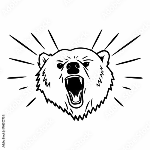 Minimilist illustration of a roaring bear head with sharp teeth and radiating lines in black and white style design vector