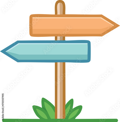 A simple wooden signpost with two blank arrows. A vector illustration representing choice, direction, guidance, and making a decision. Generative AI