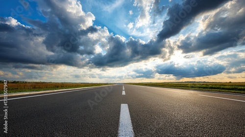 The road stretches straight to the distant horizon, with the sky in the background providing ample whitespace for text or design elements, showcasing a spacious and expansive roadside scene.