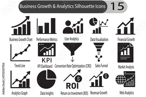 Business Growth and Analytics Silhouette Icon Set – Financial Data, ROI, and Corporate Strategy Vector