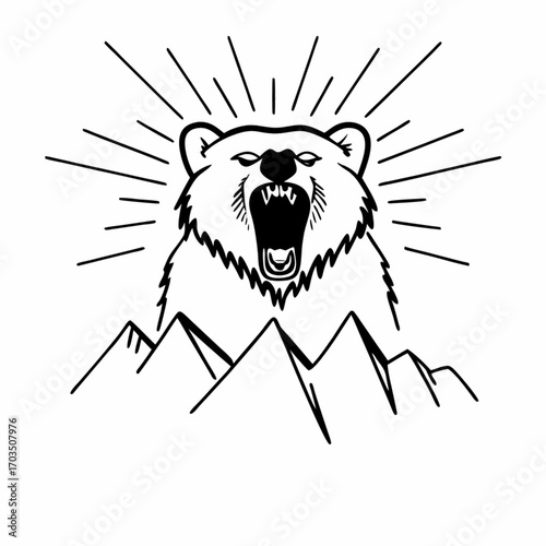 Minimilist illustration of a roaring bear emerging from behind mountains with radiating lines in black and white art vector