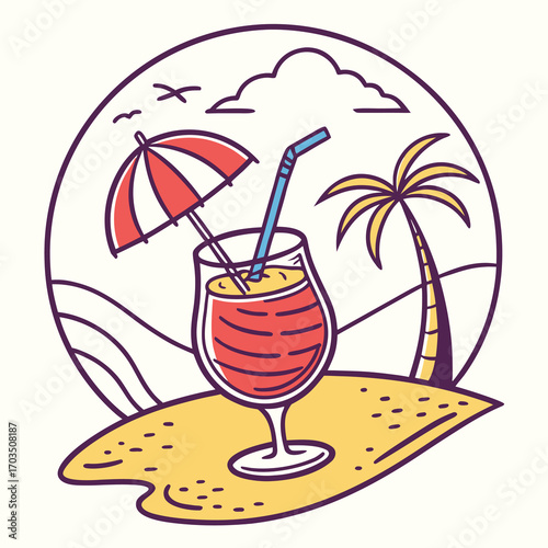 Vibrant tropical cocktail with umbrella and palm tree on a sandy beach perfect for summer vacation branding and logos
