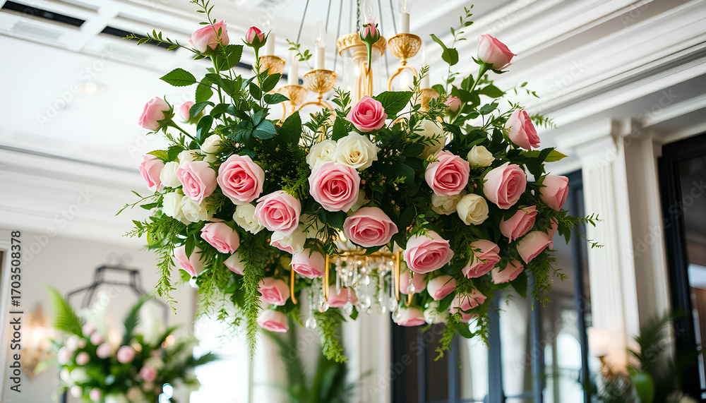 Naklejka premium Botanical chandelier made of roses and greenery, elegant floral interior, luxury lifestyle atmosphere