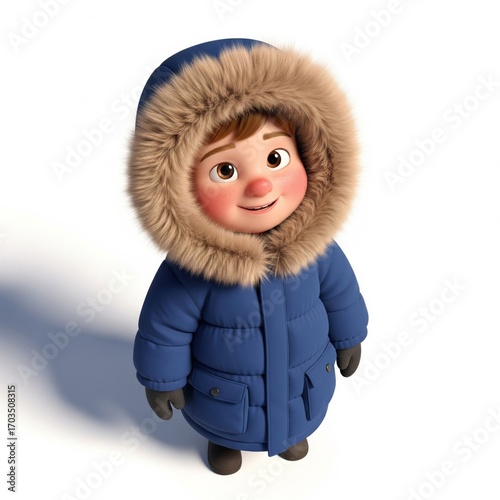 Cartoon Boy in Blue Puffer Jacket with Fur Hood on White Background