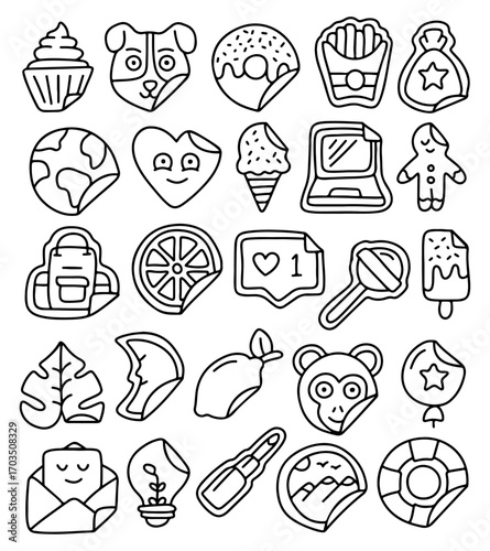 Hand drawn doodle sticker icon set, cute food, animal, heart, ice cream, donut, cupcake, french fries, dog, monkey, nature, social media, travel, laptop, light bulb, backpack, love and summer symbols