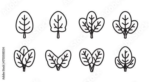 Collection of simple spinach leaf illustrations in a distinctive silhouette style