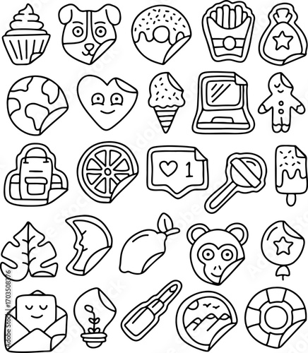 Hand drawn doodle sticker icon set, cute food, animal, heart, ice cream, donut, cupcake, french fries, dog, monkey, nature, social media, travel, laptop, light bulb, backpack, love and summer symbols