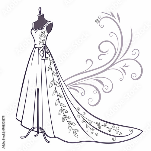 Elegant evening gown illustration with flowing fabric and intricate details perfect for fashion design and luxury branding