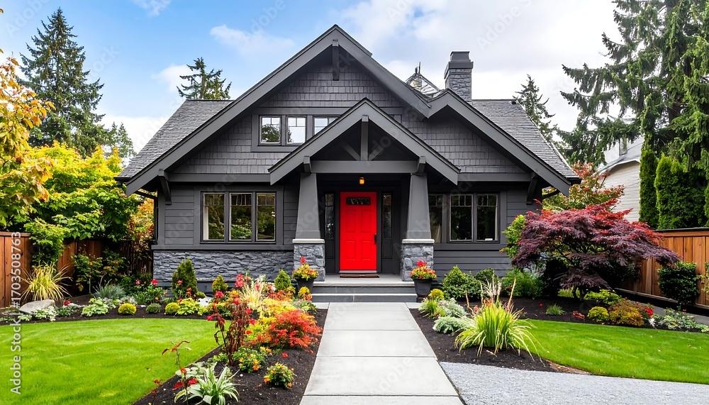 Obraz premium A beautiful, two-story house with dark gray siding, a red front door, and lush landscaping. A concrete pathway leads to the entrance