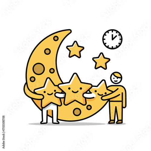 Moon and stars cartoon with human and clock