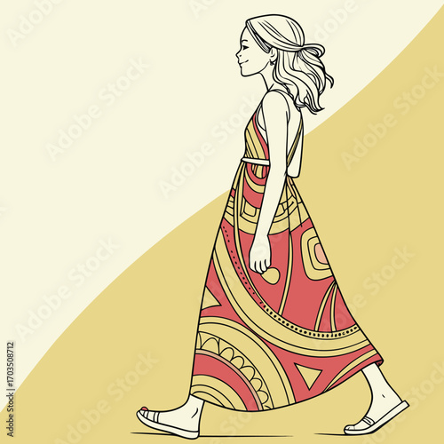 Fashionable young woman in a flowing maxi dress depicted in a clean vector sketch style with vibrant colors