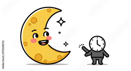 Cartoon crescent moon with happy face and clock
