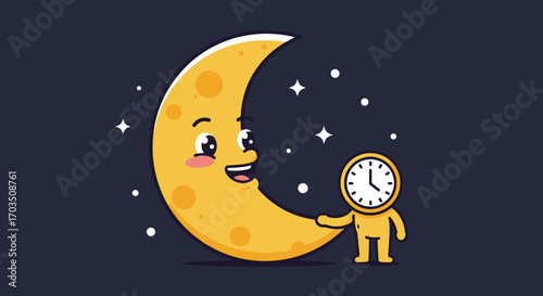 Smiling crescent moon cartoon with clock character