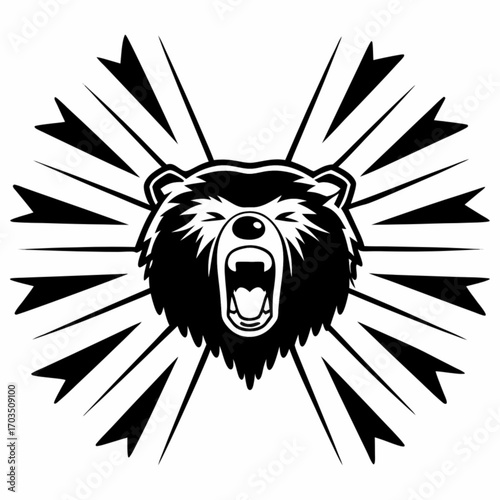 Minimilist illustration of a roaring bear head with sharp rays emanating outwards in a black and white design vector