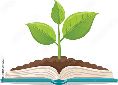 A green plant sprout growing from an open book. A powerful vector concept for education, knowledge, learning, personal growth, and wisdom. Generative AI