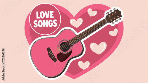 Pink Acoustic Guitar with Hearts and " Love Songs" Text on Pink Background music