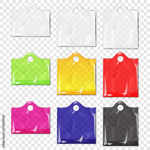 Clear plastic bag with die cut round handles. Realistic vector mockup. White, black, color. Easy to edit.  Die-cut circle handle shopper bag. Mock-up. Polyethylene transparent package. Template set