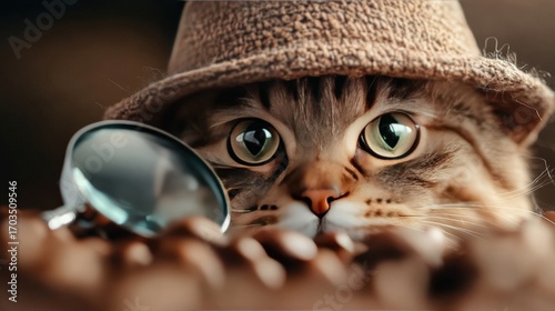 Cat detective with magnifying glass