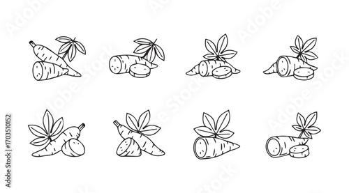 Collection of hand drawn yam root vegetable silhouettes with leaves