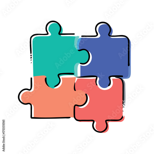 Colorful Interlocking Jigsaw Puzzle Pieces Symbolizing Teamwork, Collaboration, and Problem Solving in Business or Creative Projects, Doodle Illustration