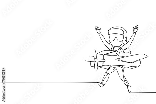 Single one line drawing girl running wear pilot helmet and plane made of cardboard. The older sister comforting younger brother. International Day of Boys. Continuous line design graphic illustration